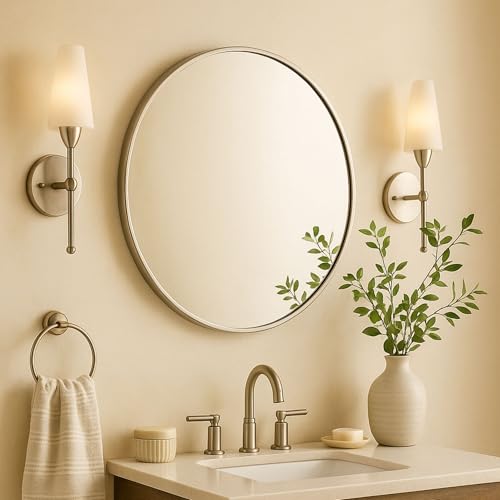 Image of TEHOME Round Brushed Nickel 30 inch, Silver Metal Circle Wall Mirror for Bathroom, Modern Silver Vanity Mirror for Entryway