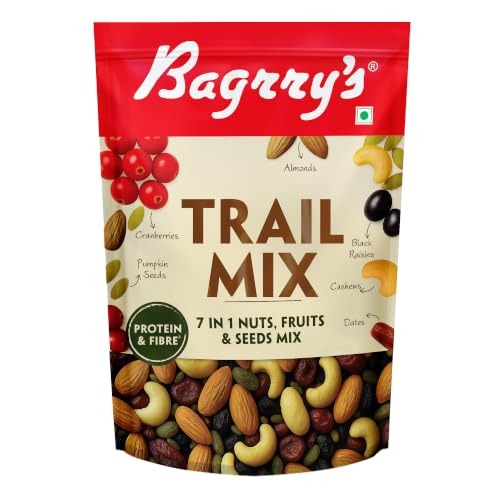 Image of Bagrry's Trail Mix 200g | 7 in 1 Ingredients | Californian Almonds | Cashews | Cranberries | Dates | Pumpkin Seeds | Green & Black Raisins | High Protein | Source of Fibre | Oil-Free | Non-Salted | Guilt-free Anytime Snack | Dry fruit mix | Mix nuts | Travel Friendly, Easy to Carry Snack