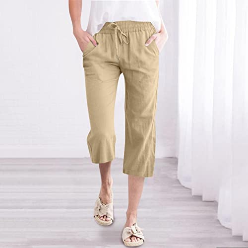 SHAOBGE Casual Pants for Women, Clearance,Capri Pants for Women Casual 2024 Summer Drawstring Elastic High Waist Linen Pants Straight Wide Leg Lounge Capris1-KhakiLarge2
