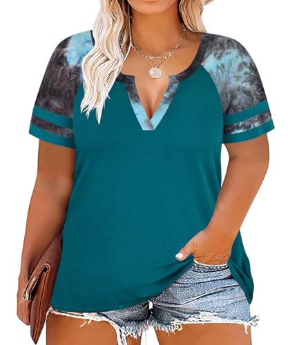 Image of CARCOS Plus Size Tops for Women Short Sleeve Summer Pullover Color Block Crewneck /V Neck Tee Tunic Loose Fit Tshirts XL-5XL