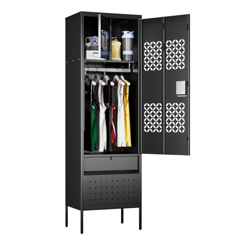 Image of SUPEER Metal Locker with Hanging Rod,Metal Storage Locker with Interior Box and Ventilation Grille,Suitable for Gym,Basketball Gym,Gymnasiums,Utility Room,Assembly Required,Black