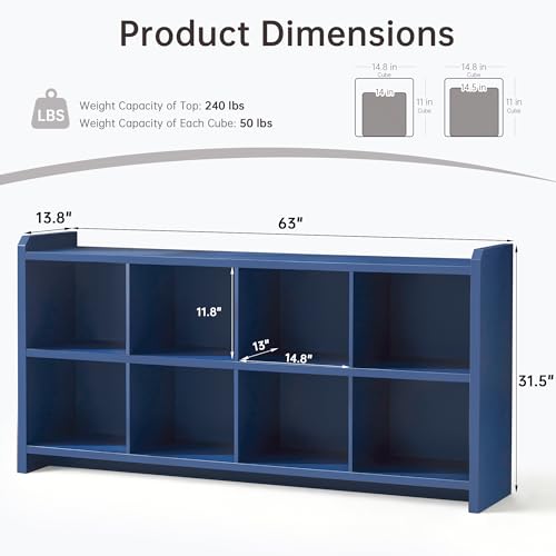 Image of 8 Cube Low Storage Organizer, 63 inch Long Horizontal Bookshelf,Blue