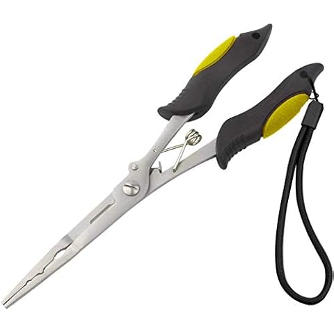 Caija-H Long Nose Fishing Pliers Stainless Steel Fish Hook Pliers Hook Remover Split Ring Pliers with Lanyard for Freshwater Saltwater (22cm Plier, Yellow) Cover