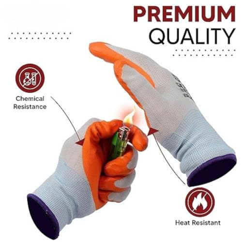 Image of AxisGrip Multipurpose Nylon Anti Cut PU Nitrile Coating Work Safety Gloves Orange-White Pair 1