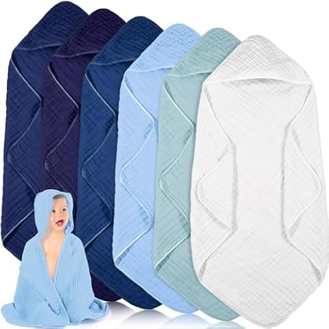 Peryiter 6 Pcs Muslin Hooded Baby Towels,32"x 32" Cotton Newborn Bath Towel Muslin Infant Baby Towels Absorbent Unisex Hooded Blankets,Newborn Registry Baby Gift for Girls Boys (Blue) Cover