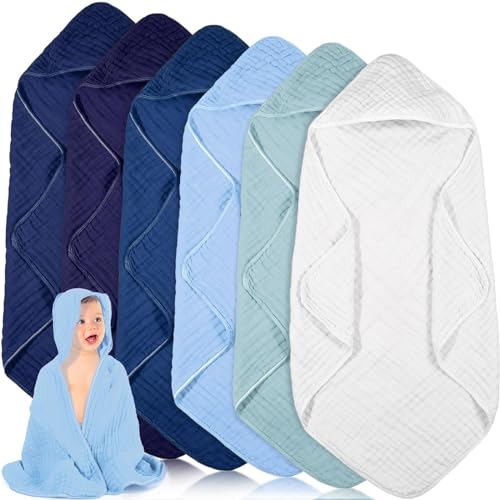 Image of Peryiter 6 Pcs Muslin Hooded Baby Towels, 32"x 32" Cotton Newborn Bath Towel Muslin Infant Baby Blankets Absorbent Unisex Newborn Registry Gift Essentials for Girls Boys (Blue)