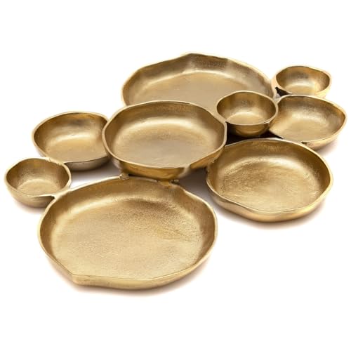 9 Cluster Decorative Bowls Bright Gold Brass Snack Tray Bowl Chip & Dip Serving Piece Strong Brass Centerpiece Beautiful Room Accent & Entertaining Parties Home Decor Wedding Gifts 22 Inch Decorative