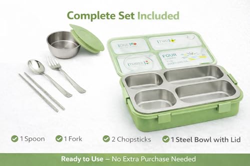 Image of TEC TAVAKKAL 4 Compartment Leak-Proof Lunch Box with Extra Steel Bowl & Lid, 900ML Bento Lunch Box | BPA Free | Includes Spoon, Fork & Chopsticks, Dishwasher Safe, Food Grade Durable Material (Green)