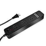 Elinker 3-Outlet Power Strip, with 4 USB Charging ports Home/Office Surge Protector with 6.6ft Extension Cord for Smartphone and Tablets Black