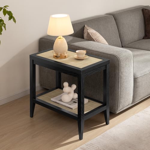 Image of SICOTAS Rattan End Table with Storage, Living Room Table Bedside Table | Farmhouse Boho Night Stand with Open Shelves, Side Table for Bedroom, Living Room, Small Spaces