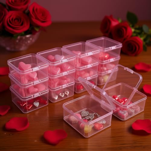 Image of 18 Pieces Square Empty Mini Clear Plastic Storage Box 2.56x2.56x1.38 inch | Hinged Lids, For Small Items, Craft Projects