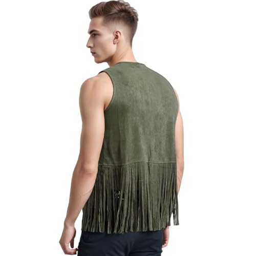 Image of ZUYPSK Men's Open Front Tassels Vest Sleeveless Western Cowboy Waistcoat Halloween Club Party Jacket Outerwear