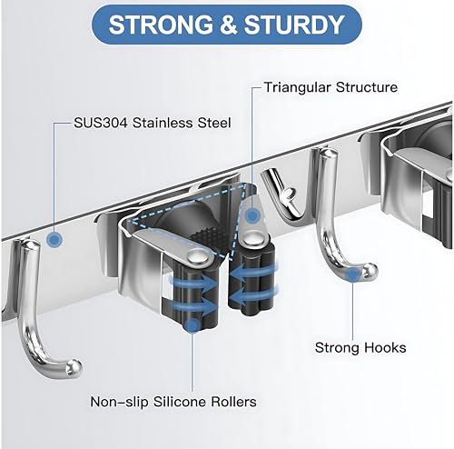 AMSAMOTION Besenhalterung Wand, 5 Halter + 4 Haken Schwarz Schwerlast Gerätehalter Selbstklebend, Besenhalter mit Nails Installieren, Wandhalterung Besen,Gartengerätehalter Edelstahl