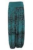 TEXTURE Ladies Womens Italian Lagenlook Floral Print Viscose Boho Harem Ali Baba Trouser Pants Joggers One Size (Teal, One Size)