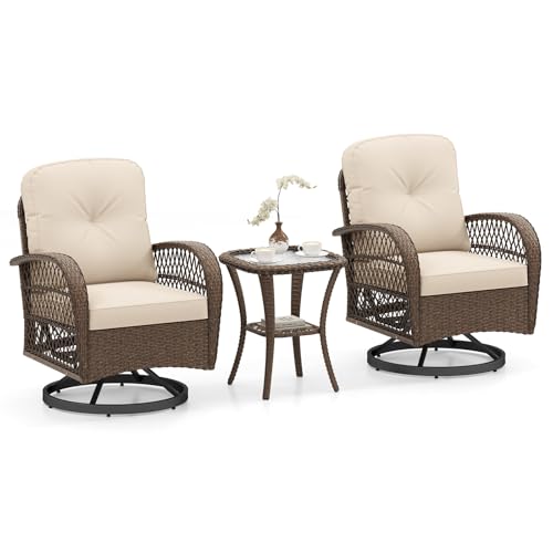 ORALNER 3 Pieces Wicker 360° Swivel Rocker Set Patio Furniture, Rocking Chairs with Cushions, Tempered Glass Coffee Table, Outdoor Rattan Bistro Set for Balcony Front Porch Deck Poolside (Beige)