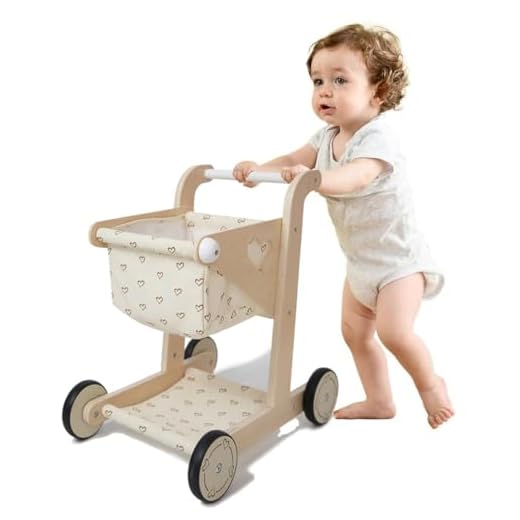 Hopscotch Squad Baby Wooden Shopping Cart Push Pull Walker Doll Stroller for Toddler, Pretend Peducational Learning Walker, Play Wagon with Rubber Wheel, Larger Size 16.5” x 111.4” x 18”
