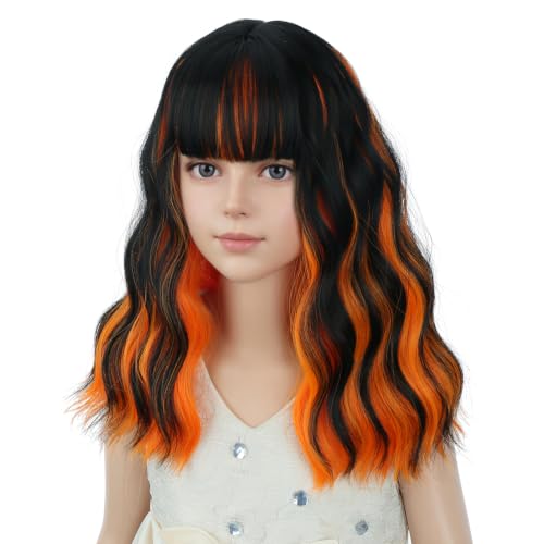 Image of PATTNIUM Black Mixed Orange Wig for Kids Girls Short Wavy Wigs with Bangs Black Shoulder Length Wavy Heat Resistant Synthetic Wig