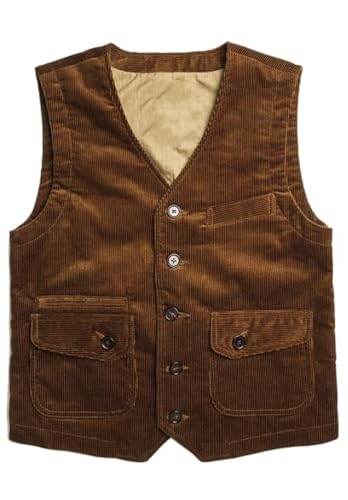 Mens Corduroy Vest 5 Button Slim Fit Business Formal Waistcoat with Pockets