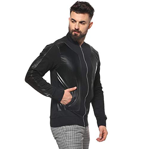 Image of CAHOOT Men's Cotton Jet Black With Patchwork Zip Through Jacket | Structured High- Quality Jacket with Low-Cut Standing Collar, Regular Full Sleeves And Stretchable Fabric For Casual Wear
