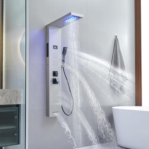 BATHLAVISH Shower Panel Tower System 5 in 1 Stainless Steel Rainfall Shower Panels with 5-Functions, 4 Enlarged Body Massage Jets, Handheld Head, Wall Mounted Brushed Nickel