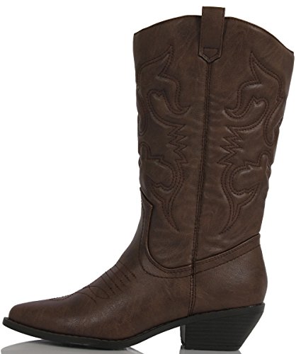 Soda Women's Reno Western Cowboy Pointed Toe Knee High Pull On Tabs Boots, Dark Tan (10)