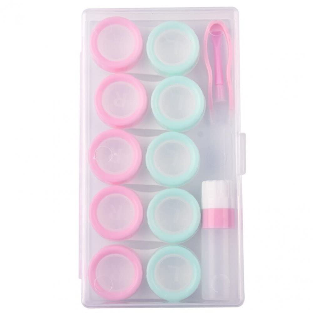 Dinntty Pink Green Contact Lens Case 5 Pairs Portable Eye Contact Lens Box Leak-Proof Contact Case With Tweezers Solution Bottle