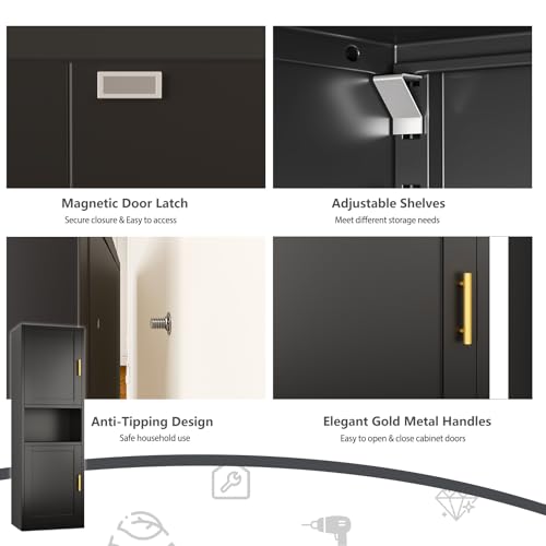 Image of Tall Narrow Pantry Cabinet for Kitchen, 67 inch H Metal Storage Cabinets with Doors and 3 Adjustable Shelves for Dining Room, Living Room and Home Office (20 inches Wide Black)