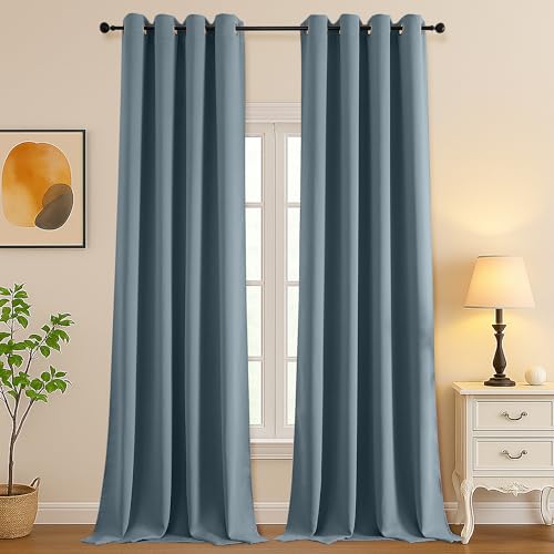 Image of Simplebrand Stone Blue Extra Long 10ft Curtains for Patio 120 Inches Long 2 Panels Set, Room Darkening Light Blocking Solid Thermal Insulated Energy Saving Grommet Noise Reducing Curtains, 50 Wx120 L