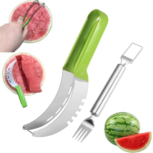 AWAVM 2pcs Coupe Pasteque, Couteau Pasteque en Acier Inoxydable, Coupe Melon Découpe Rapide de Pastèque Coupe-Cubes Facile 2 en 1 en Acier Inoxydable...