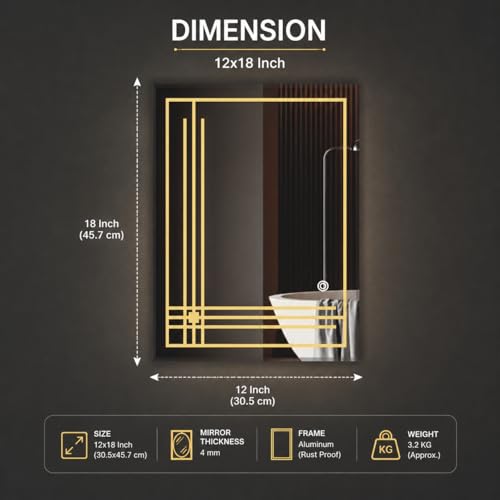 Image of LED Bathroom Wall Mirror with Decorative 3 Light Design | Touch Sensor | Warm | Natural and Cool White | for Wash Basin | Bedroom | Dressing Area Decoration (Portrait 2nd, 12x18)