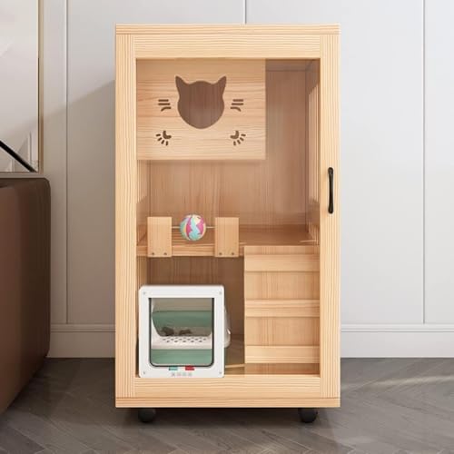 Dearolling 豪華 ?木 多機能 猫用別荘 閉鎖式 猫用ケージ付き大型猫用 一体型猫用ハウス 猫用支柱 (90*60*60,A)