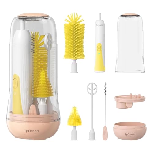 Image of TpChapNi Electric Travel Baby Bottle Brush Set, Electric Bottle Brush Cleaner, Silicone Bottle, Nipple and Straw Brush, Stirring Disperser, Drainage Rack, Storage Box (Yellow)