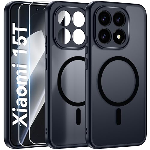 Opkiegrn Funda para Xiaomi 15T 5G Magnética Compatible con Magsafe con 2 Protector de Pantalla Carcasa, Protectora Antigolpes para Xiaomi 15T 5G Translúcido TPU Funda Antihuellas Mate - Negro