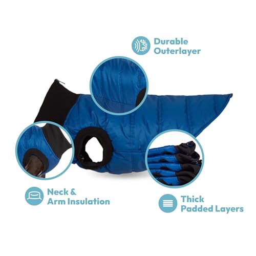 Image of Gooby G21 Bomber Dog Jacket, Blue, Small | Thick padded layers; Waterproof outer; Silky-smooth inner; Zipper guard; Bottom-opening