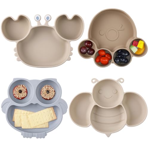 Image of Maxdot 4 Pcs Silicone Baby Plates Toddler Suction Plates Divided Baby Dishes Cute Animal Kids Plates for Toddlers Baby Feeding Eating Supplies, Microwave and Dishwasher Safe (Mixed Colors, Lovely)