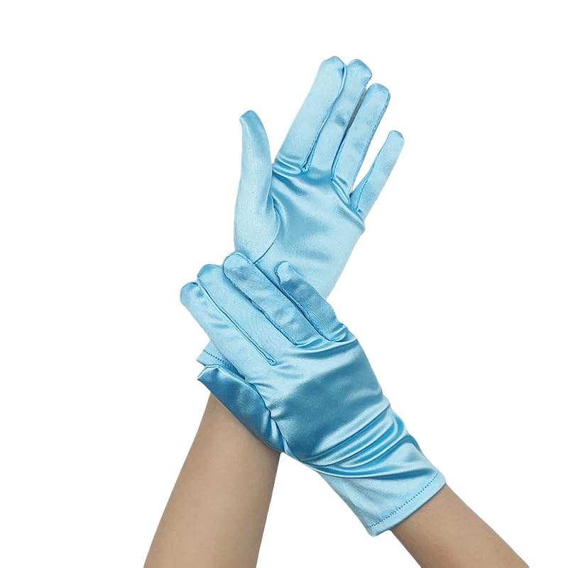 Women Short Satin,Child Adult Gloves Wedding Party Wrist Length Gown Opera Gloves-Light Blue