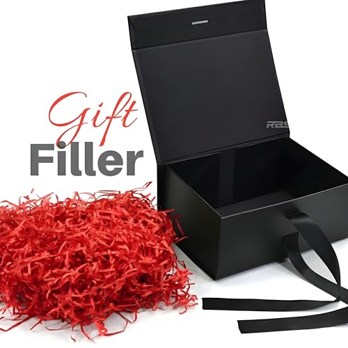 Image of RBS - Black Gift Box with Red Filler 23x16x10cm Empty Hamper Box for Gifting Holds Upto 5kg Sturdy Cardboard Gift Boxes with 25g Decorative Shredded Paper Birthday, Christmas, Valentine's Day Packing