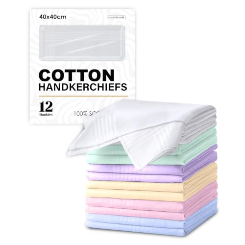 JJ PRIME Pack of 12 Ladies Handkerchiefs Soft Cotton Gift Boxed | 40x40cm Ladies Hankies Soft Cotton Handkerchiefs for Women | Assorted Colour Hankies Women for Wedding Party (16x16 inches)