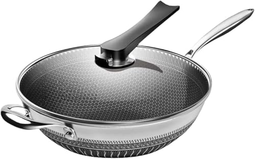 SANLWZSF 鍋 家庭用 炒め物鍋 中華鍋 316ステンレス 32cm/34cm/36cm 炒め鍋 深型 耐久性 和風 両面ハニカムフライパン 蜂の巣型ノンスティック加工 防錆 軽量 凹面電磁炉は鍋につかない 北欧 引越し 贈り物 料理店 朝食 自宅用