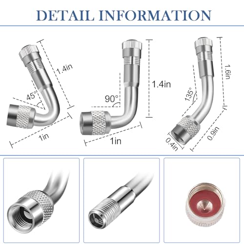 Image of 8 Pieces Tire Valve Extension, 2 Pieces Dual Tire Valve Extension Valve Stem Installation Tool with 6Pcs 45 90 135 Degree Brass Valve Stem Extender Tire for RV Bike Motorcycle Car (7.1 in, 11.8 in)
