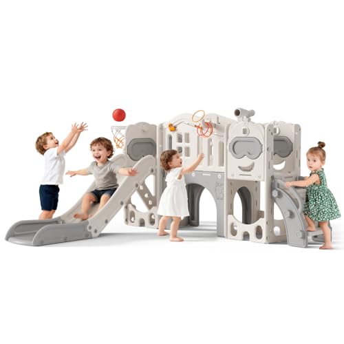 Tobogán infantil 11 en 1, para interiores y exteriores, con canasta de baloncesto, golf, telescopio y espacio de almacenamiento, para niños de 1 a 3 años