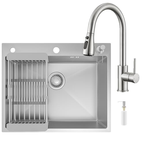 CECIPA Fregadero de cocina negro y gris, 60 × 49 × 20 cm, acero inoxidable con sifón y rebosadero, fregadero de cocina con dispensador de jabón y escurridor, apto para armarios bajos a partir de 61 cm