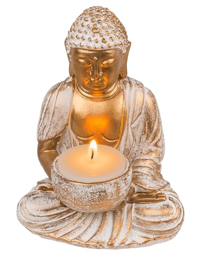 Out of the blue Buddha-Dekofigur mit Teelichthalter – spirituelle 2-in-1 Statue aus Polyresin – stimmungsvolles Boho-Accessoire ca. 14 cm für Wellness & Wohnraum