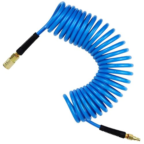 QiLeeCar Polyurethane Air Hose, 1/4 in x 25 ft, Bend Restrictor, Air Compressor Hose with 1/4 Solid 100% Pure Copper Quick Connect Fittings and I/M Plug Kit, Coiled PU Air Hose 1/4