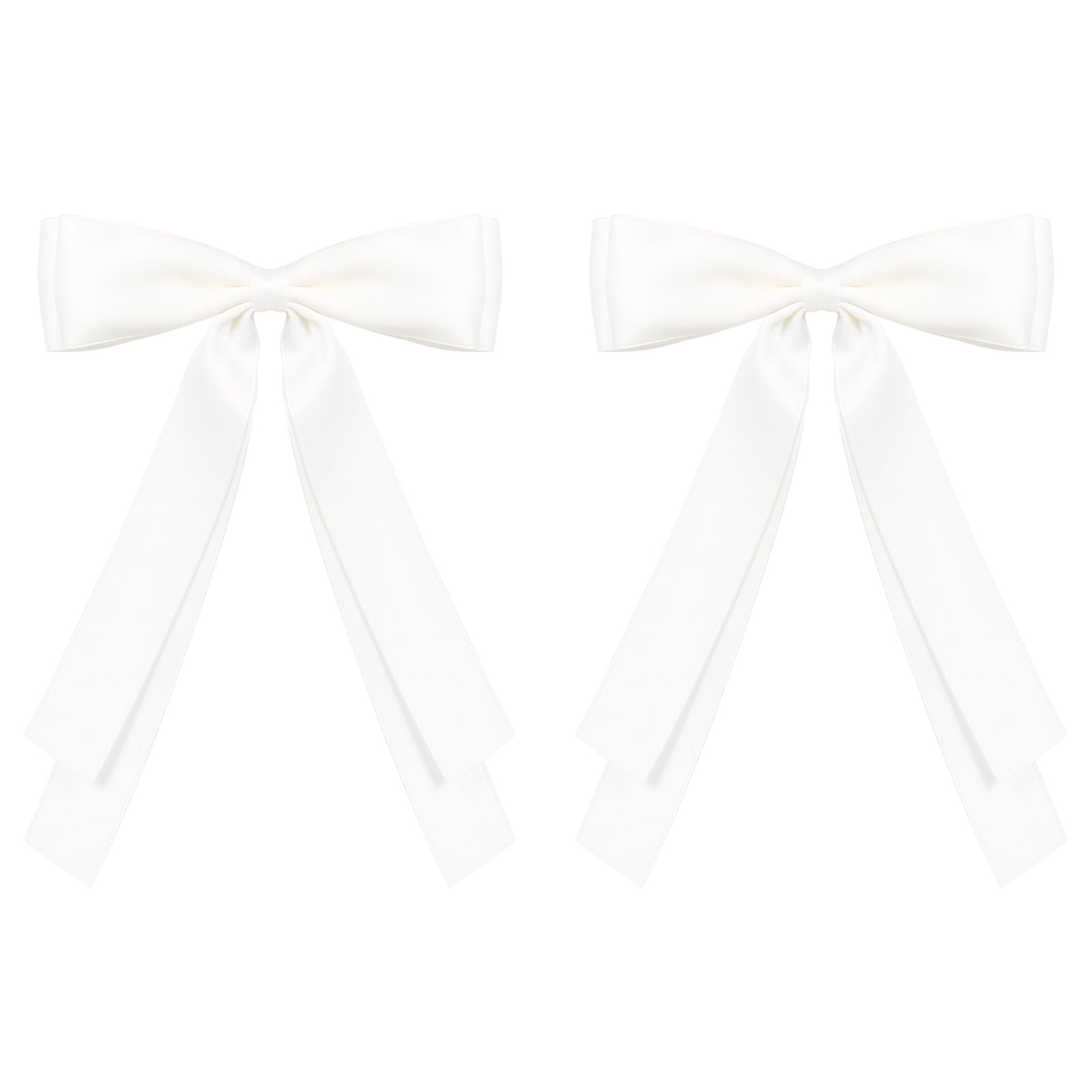 2Pcs Off White Silky Satin Hair Bows Hair Clip Long Tail Beige Hair Ribbon Ponytail Holder Accessories Slides Metal Clips Hair Bow for Women Girls