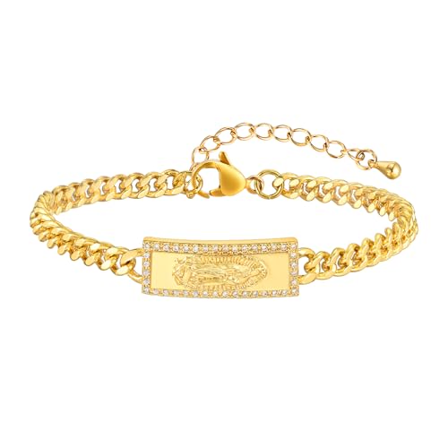 XUANPAI Women's Gold Virgin Mary Bracelet - 14k Gold Plated Copper Link Bracelets,Hypoallergenic Adjustable Non Tarnish Golden Religious Virgen De Guadalupe Protector Jewelry,Catholic Gifts for Her