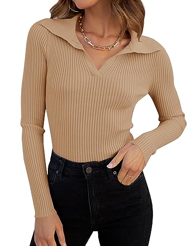 Image of ZESICA Womens Fall Long Sleeve Sweaters Casual Knitted Tops | V Neck,Color Block,Slim Fit Tops,Casual Knitted Sweaters,Cute Tops,Ribbed Knit Tops,Business Casual Tops,Work Office Blouse