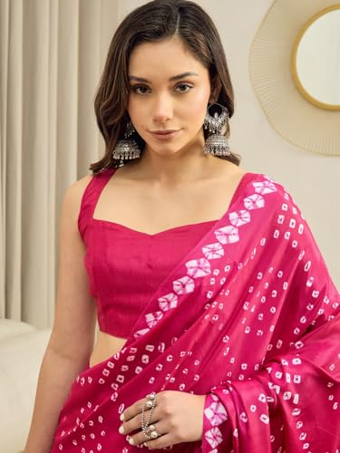 Image of AKHILAM Women's Bandhani Printed Chiffon Ready To Wear Saree With Unstitched Blouse Piece