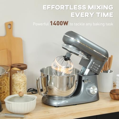 HOMCOM Stand Mixer, 4.5L Food Mixer for Baking, 6 Speeds and Pulse Setting, 1300W Cake Electric Whisk with Dough Hook, Whisk, Stainless Steel Bowl, Splash Guard, Beater, Silver Tone - Image 4