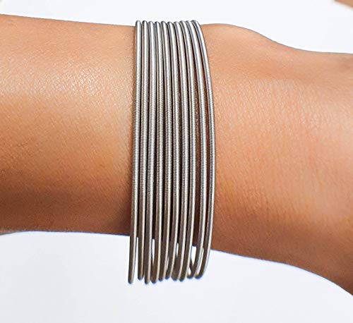Moonlidesigns Guitar String Spring Stainless Steel Set Of 10 Bracelets Silver Grey Color Thin Stackable Layered Flexible Length 7 Inch #TOP4